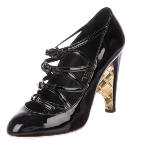 ★CHANEL Patent leather Black & Gold Lace Up Bootie Heels EU40★ - Picture 1 of 11